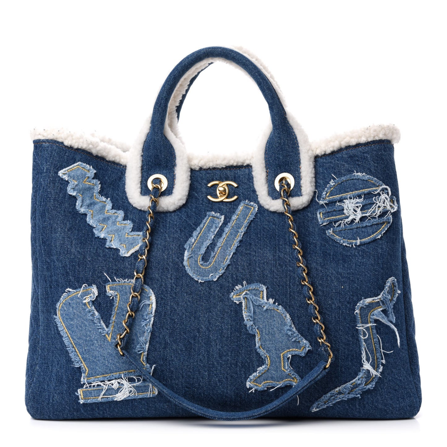 Denim Shearling Hieroglyph Coco Tote Blue