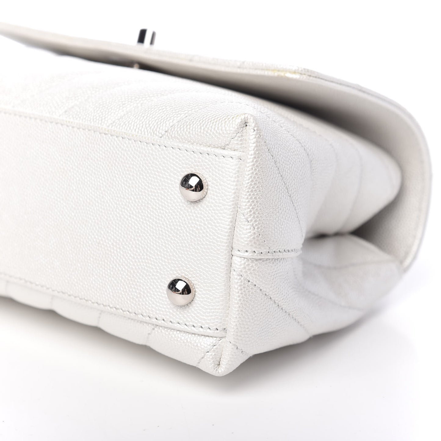 Iridescent Caviar Chevron Quilted Mini Coco Handle Flap White