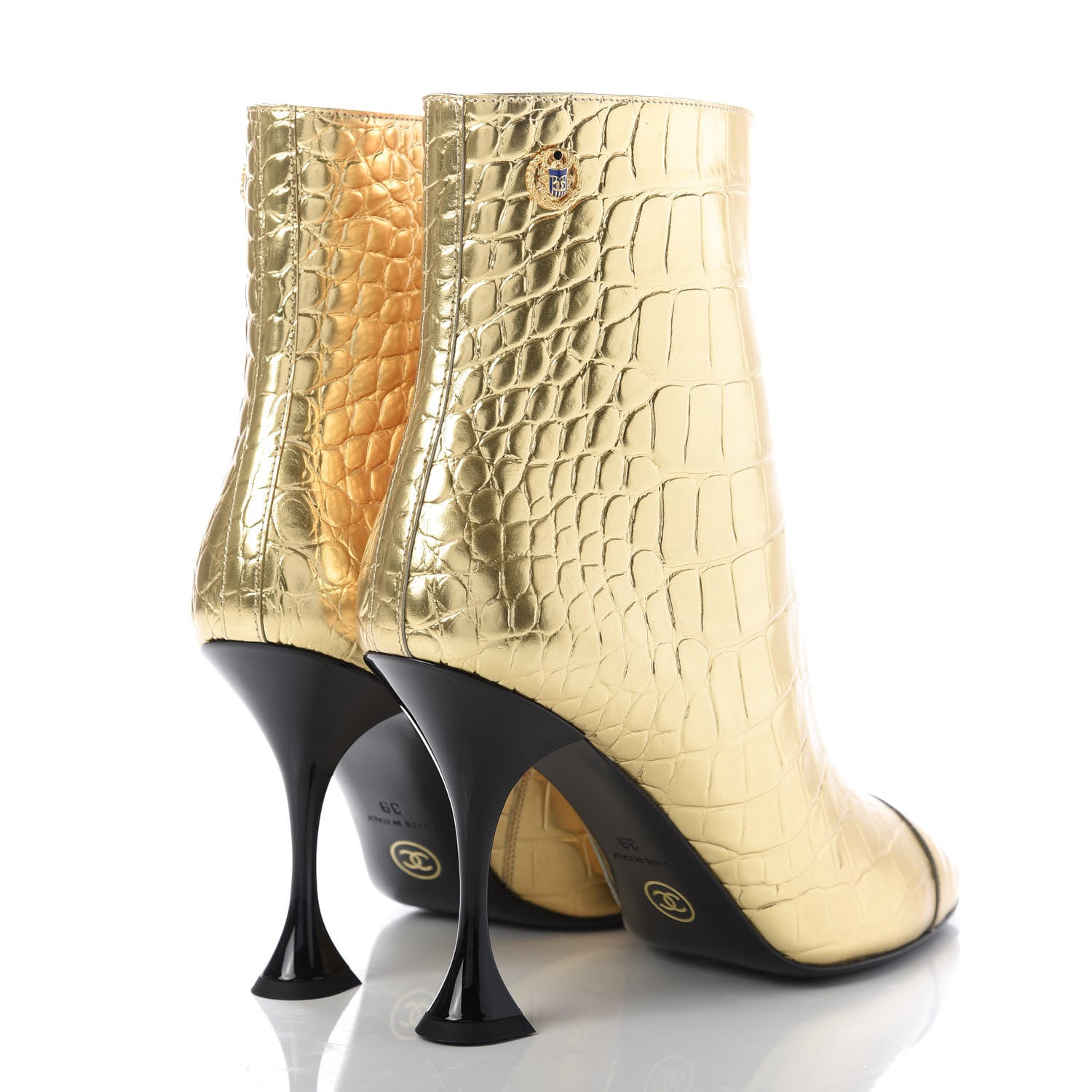 Chanel Calfskin Crocodile Embossed Cap Toe Ankle Boots 39 Gold 4 of 10