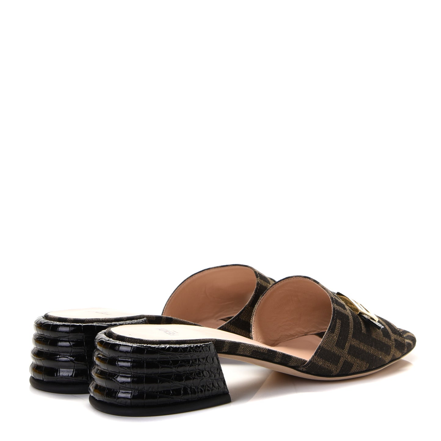 Jacquard Calfskin FF Crocodile Embossed Promenade Slide Sandals 38.5 Tobacco Moro Black