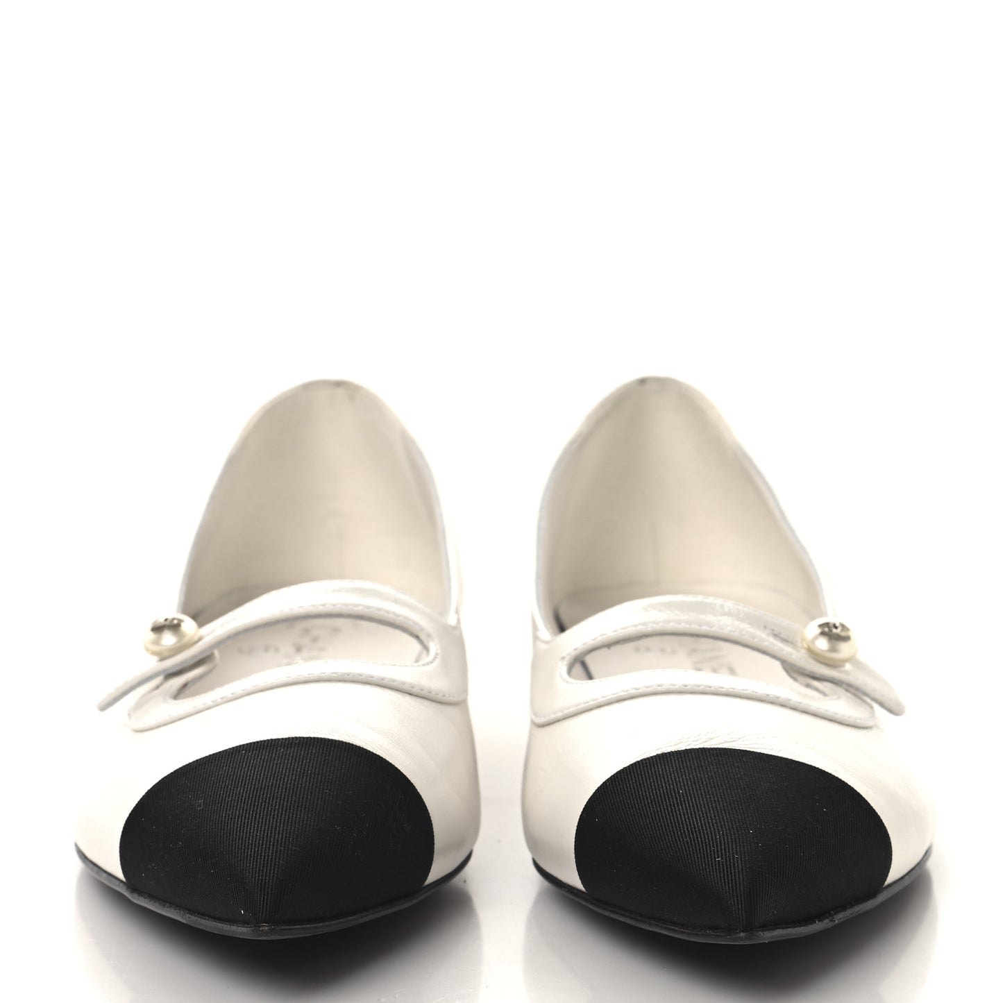 Shiny Lambskin Grosgrain Pearl Mary Janes Flats 40 White Black