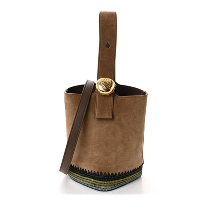 Loewe Suede Raffia Striped Mini Pebble Bucket Bag Brown 1 of 9