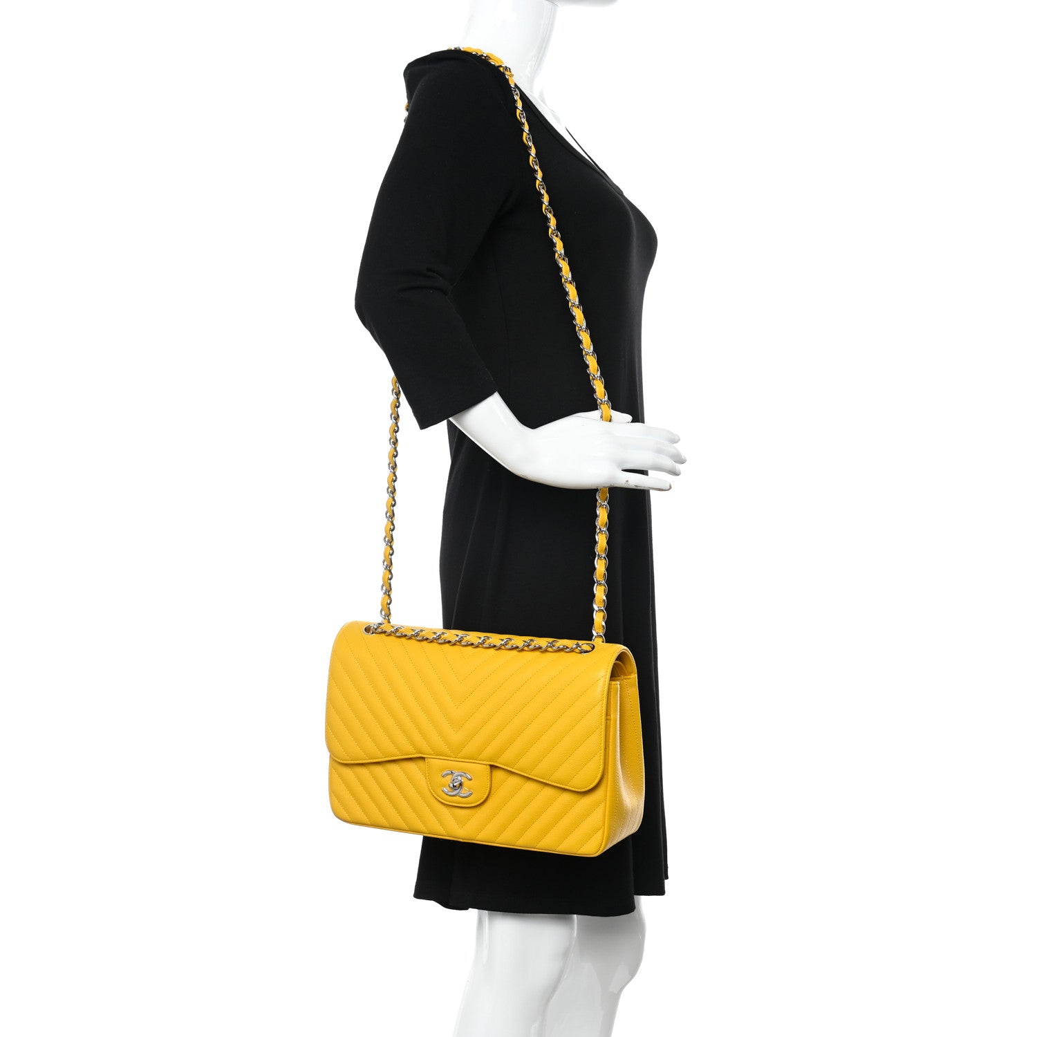 Chanel Caviar Chevron Quilted Jumbo Double Flap Yellow 2 of 11