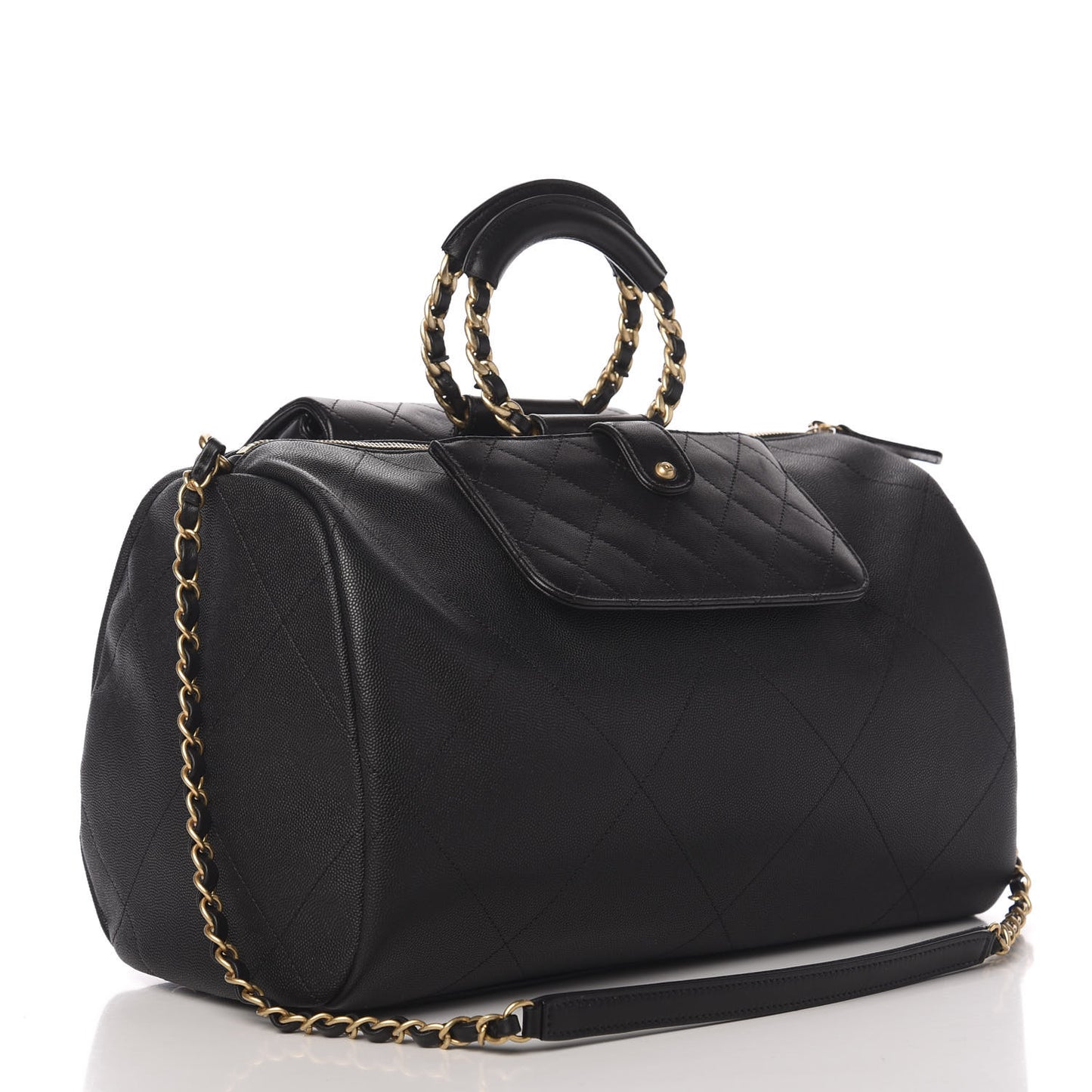 Grained Calfskin Lambskin Quilted Large Bowling Bag Black