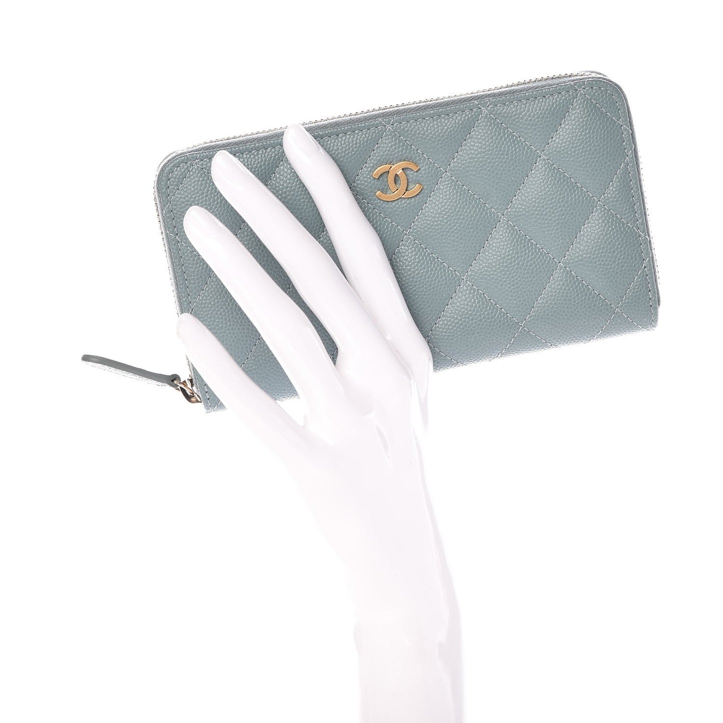 Iridescent Caviar Quilted Medium Zip Around Wallet Light Blue