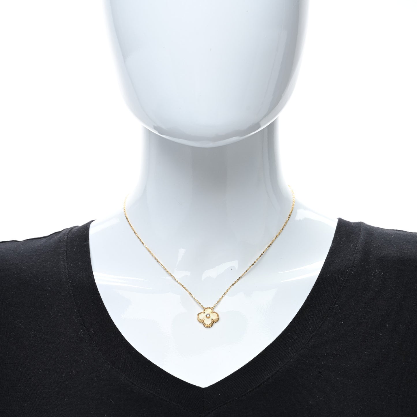 18K Yellow Gold Diamond Yellow Mother of Pearl Vintage Alhambra Pendant Necklace