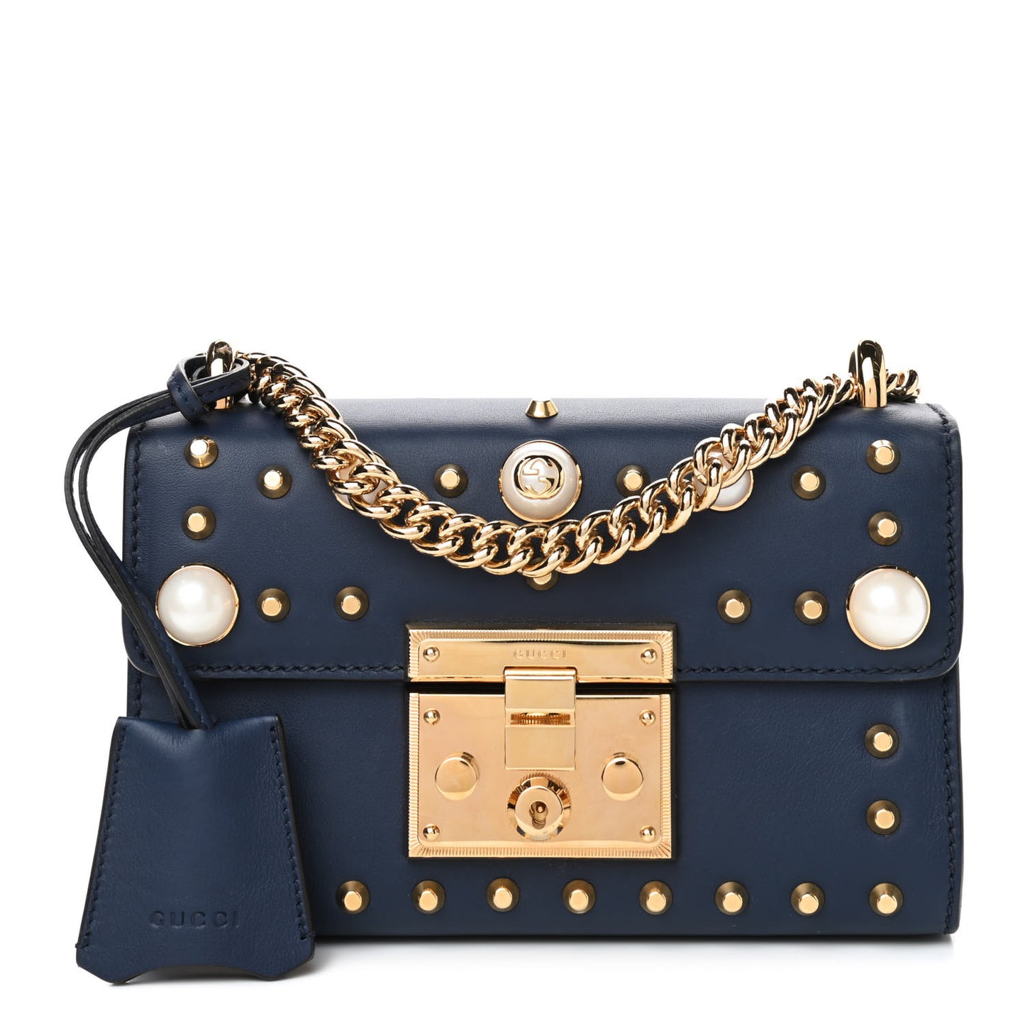Calfskin Studded Small Padlock Shoulder Bag Blue Agata