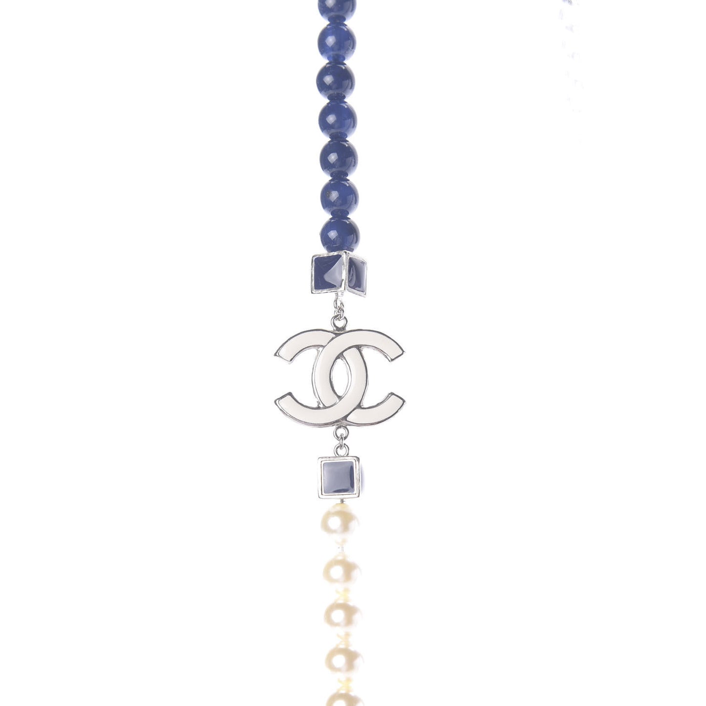 Pearl Bead Enamel CC Long Necklace Pearly White Blue