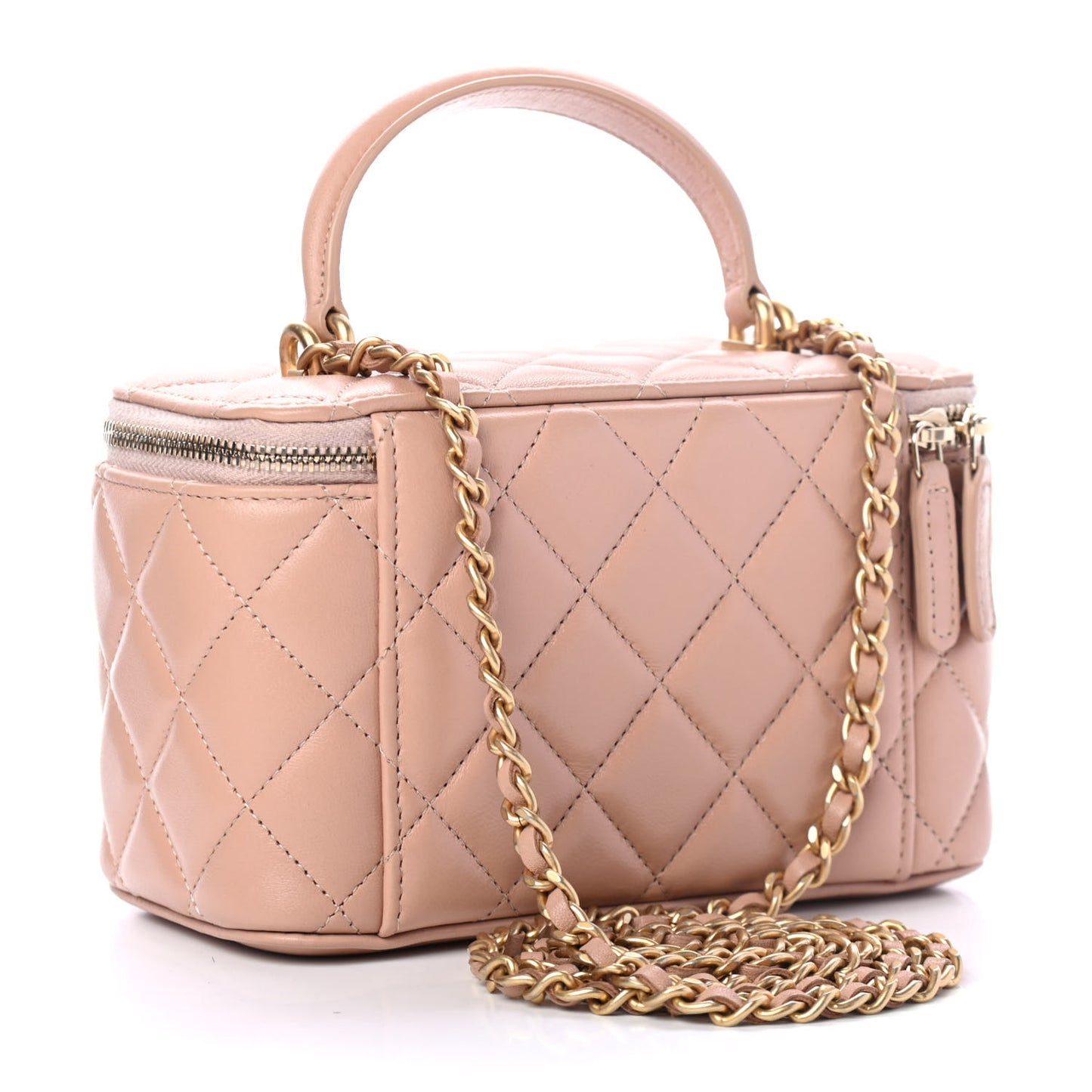 Lambskin Quilted Small Top Handle Vanity Case With Chain Beige
