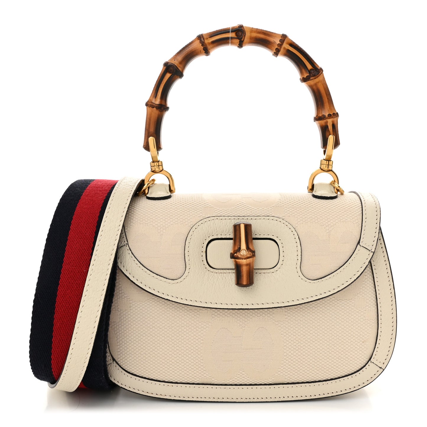 Monogram Jumbo GG Textured Dollar Calfskin Web Small Bamboo 1947 Top Handle Bag Off White