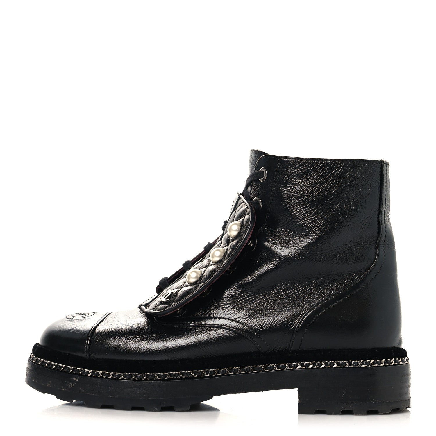Chanel Crackled Calfskin Velvet Pearl Combat Short Boots 37.5 Black 1 of 9