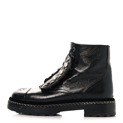 Chanel Crackled Calfskin Velvet Pearl Combat Short Boots 37.5 Black 1 of 9