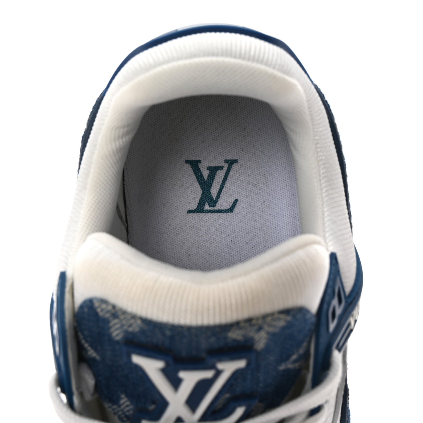Calfskin Embossed Monogram Denim Womens LV Trainer Sneakers 38 Blue