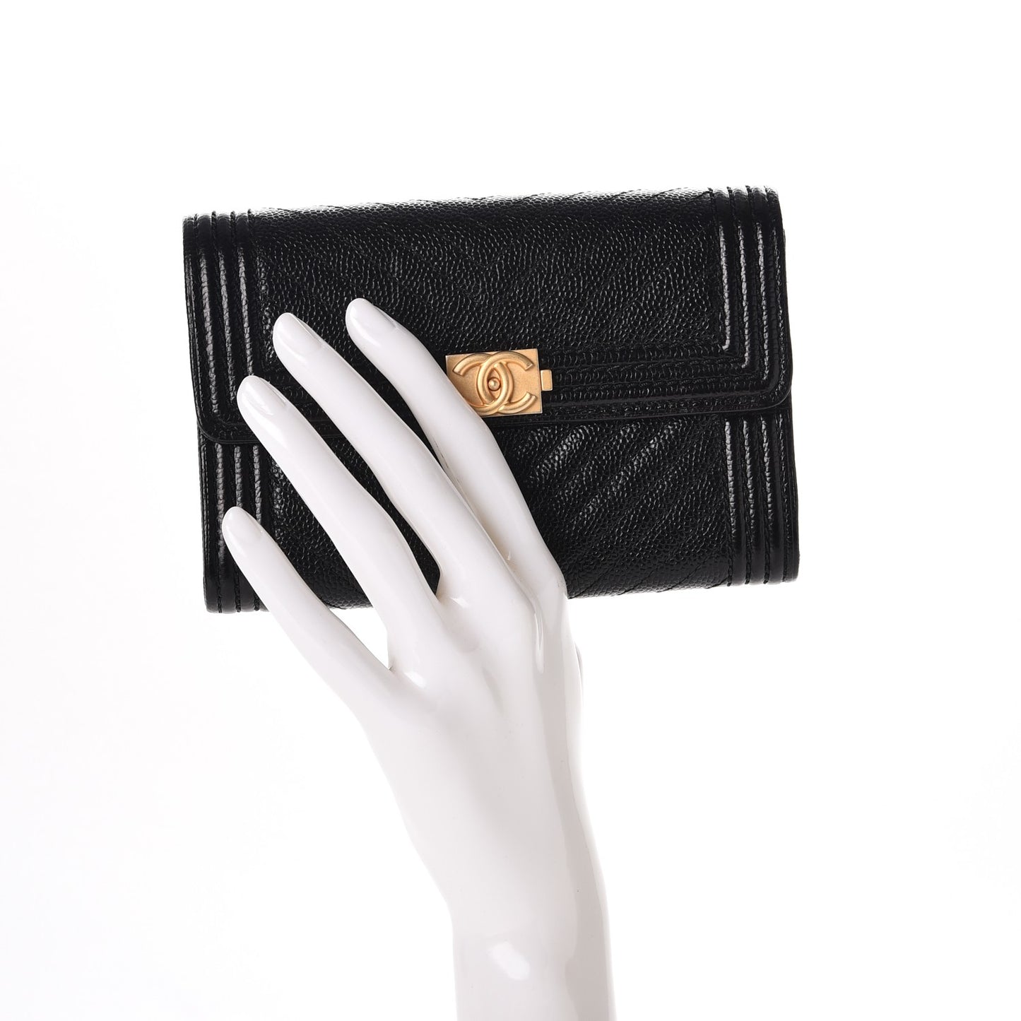Caviar Chevron Quilted Medium Boy Flap Wallet Black