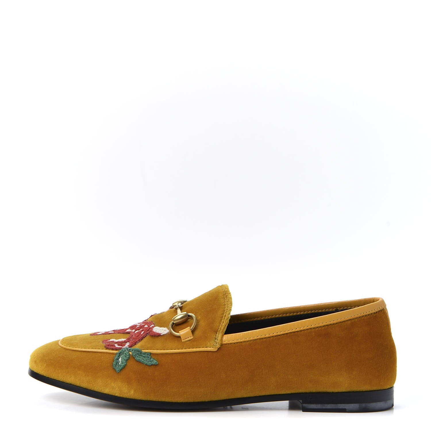 Gucci Softy Velvet Malaga Kid Deer Embroidered Jordaan Loafers 36 Senape Crop 1 of 11