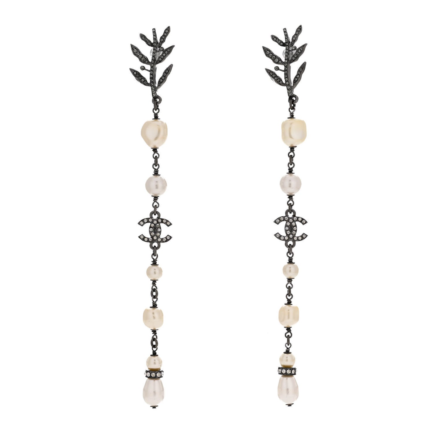Pearl Crystal CC Long Drop Earrings Silver