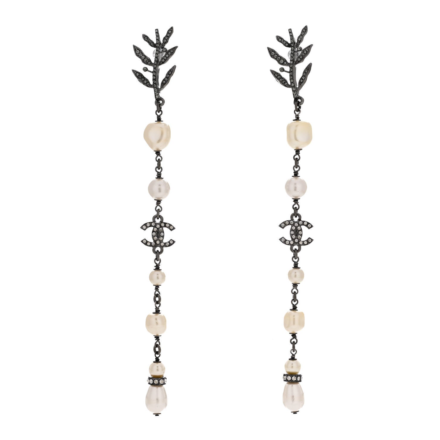 Chanel Pearl Crystal CC Long Drop Earrings Silver 1 of 4
