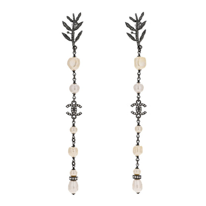 Chanel Pearl Crystal CC Long Drop Earrings Silver 1 of 4