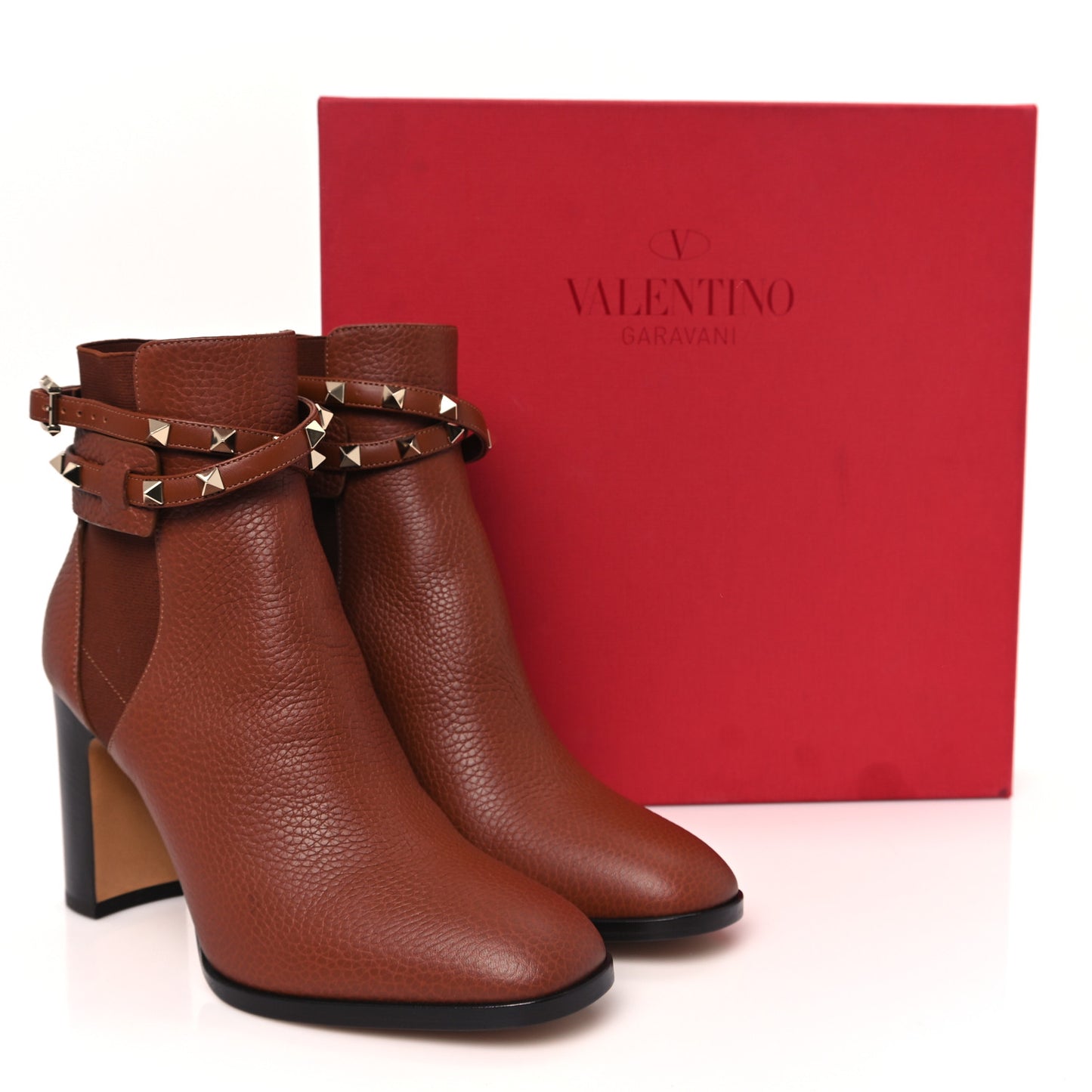 Grainy Calfskin Rockstud Chelsea 90mm Ankle Boots 39.5 Bright Cognac
