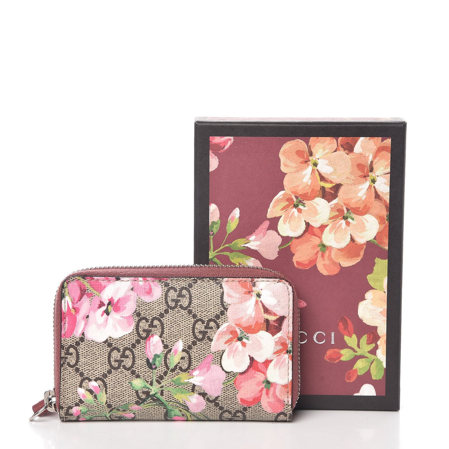 GG Supreme Monogram Blooms Zip Around Card Case Wallet Beige Multicolor Dry Rose