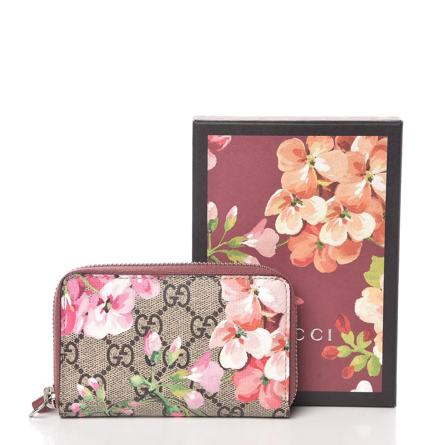 Gucci GG Supreme Monogram Blooms Zip Around Card Case Wallet Beige Multicolor Dry Rose 7 of 7