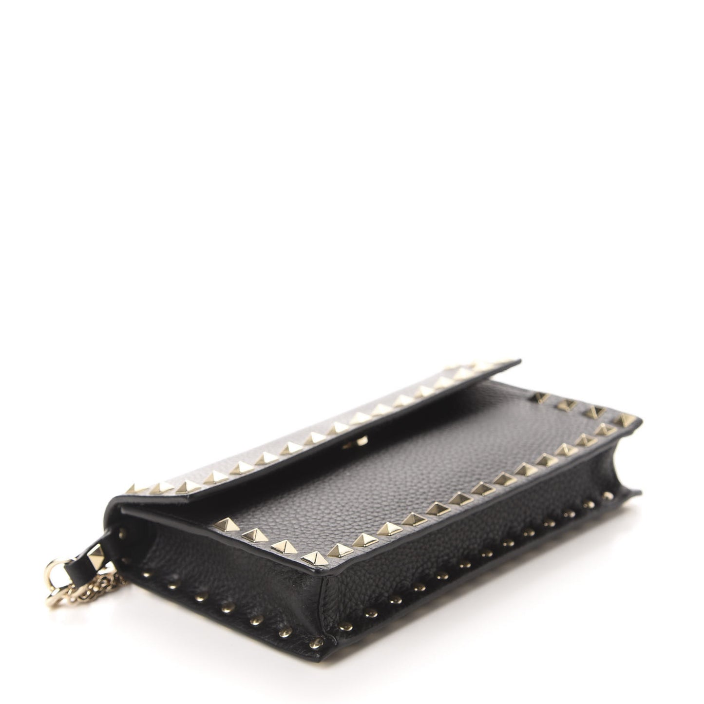 Pebbled Calfskin Rockstud Flap Wallet On Chain Black