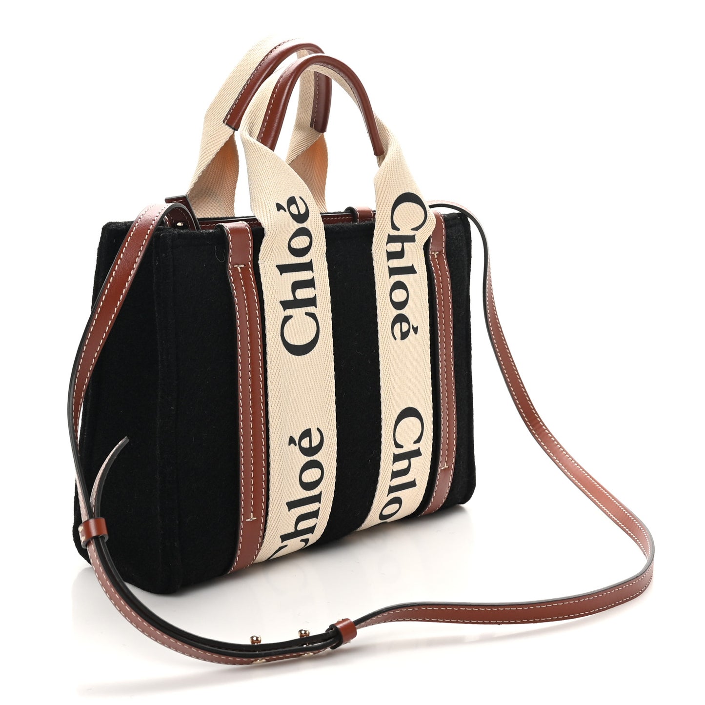 Felt Calfskin Small Woody Ribbon Tote With Strap Black