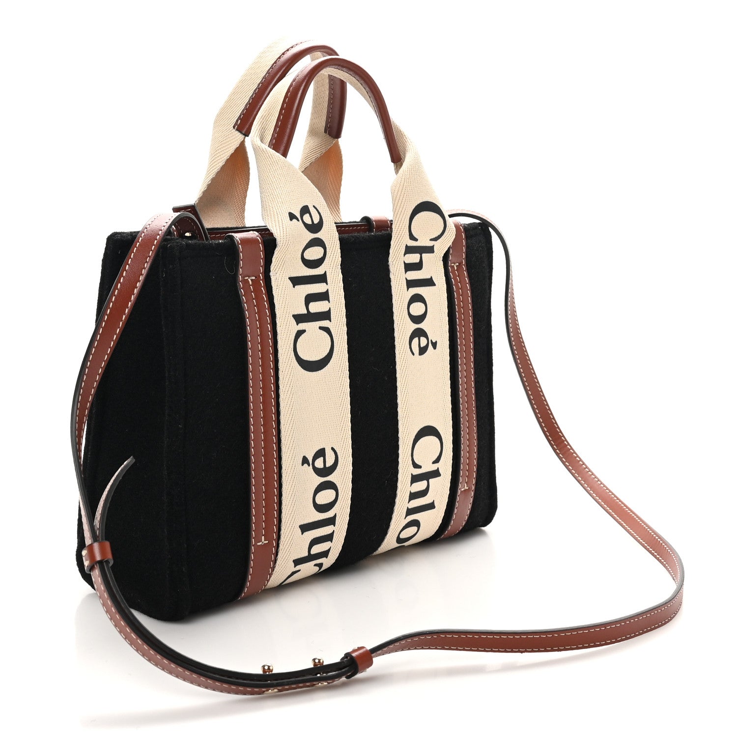 Chloe Felt Calfskin Small Woody Ribbon Tote With Strap Black 3 of 9