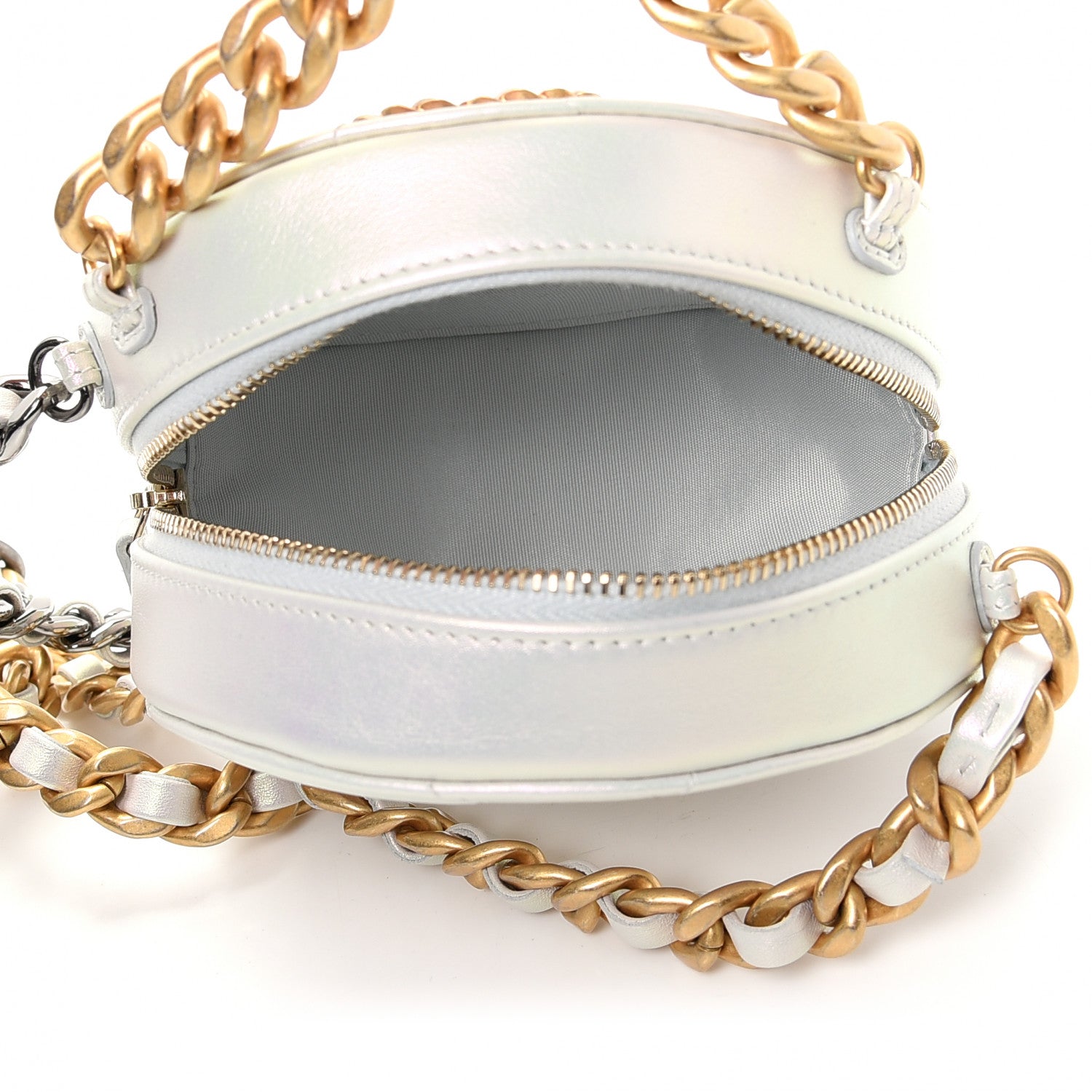 Chanel Iridescent Calfskin Quilted Chanel 19 Round Clutch With Chain White 5 of 10