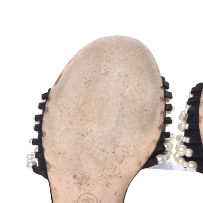 Chanel Satin Pearl Flat Sandals 38.5 Black 10 of 12