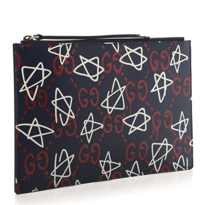 Gucci Calfskin GucciGhost Print Pouch Blue Agata Hibiscus Red 3 of 10