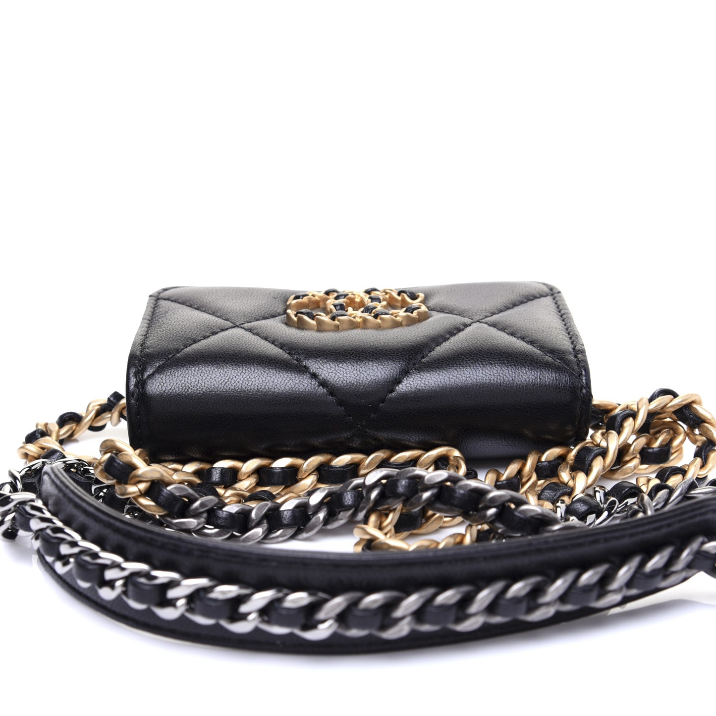 Shiny Goatskin Quilted 19 Flap Coin Purse With Chain Black