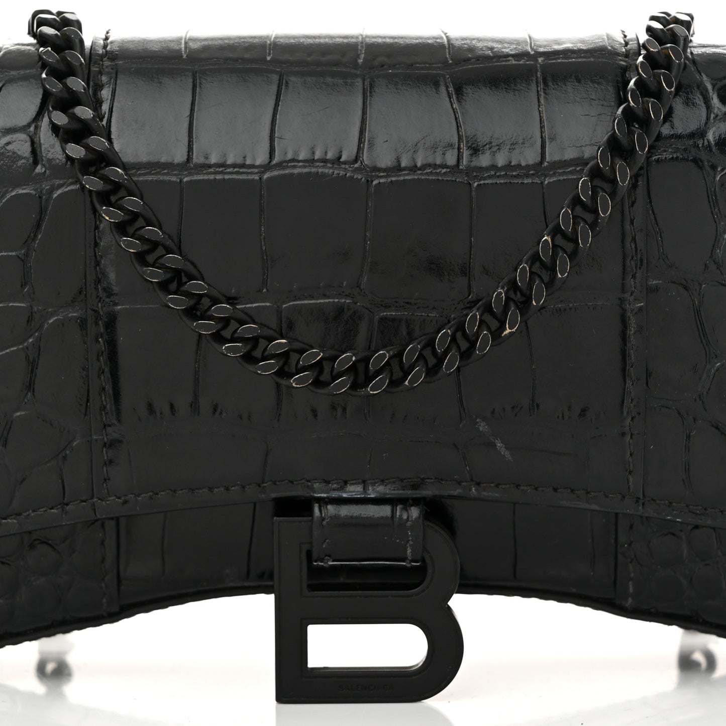 Shiny Calfskin Monochrome Crocodile Embossed Hourglass Chain Bag Black
