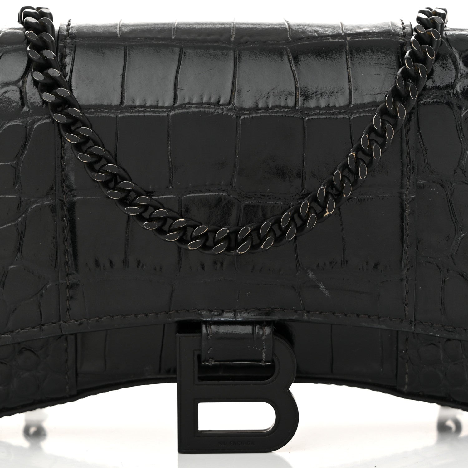 Balenciaga Shiny Calfskin Monochrome Crocodile Embossed Hourglass Chain Bag Black 7 of 13