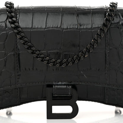 Balenciaga Shiny Calfskin Monochrome Crocodile Embossed Hourglass Chain Bag Black 7 of 13
