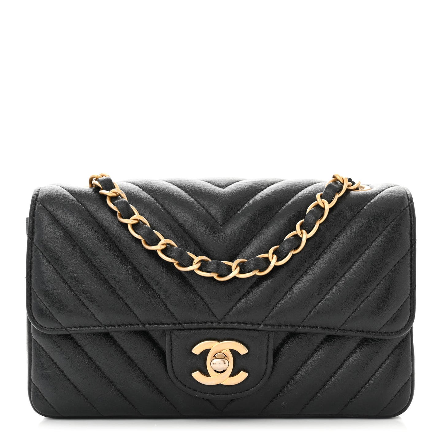 Iridescent Calfskin Chevron Quilted Mini Rectangular Flap Black