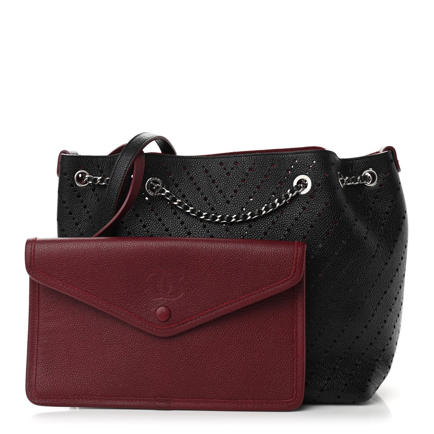 Caviar Perforated Drawstring CC Bag Black Burgundy