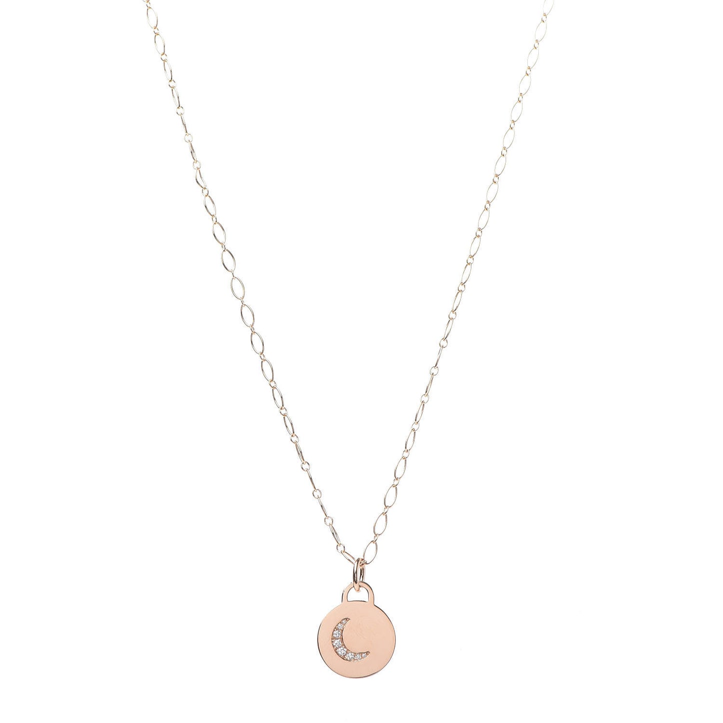 18K Rose Gold Diamond Moon Tag Charm Pendant Necklace