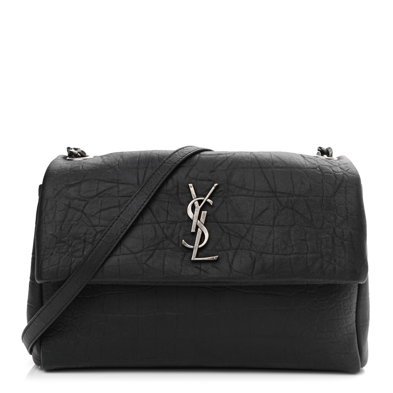 Saint Laurent Calfskin Crocodile Embossed Medium West Hollywood Monogram Fold-Over Black 1 of 11