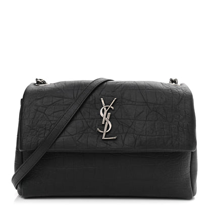 Saint Laurent Calfskin Crocodile Embossed Medium West Hollywood Monogram Fold-Over Black 1 of 11