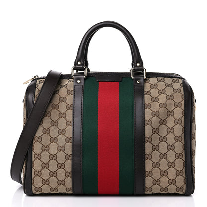 Gucci Monogram Selleria Calfskin Vintage Web Medium Boston Beige Ebony Cocoa 1 of 17