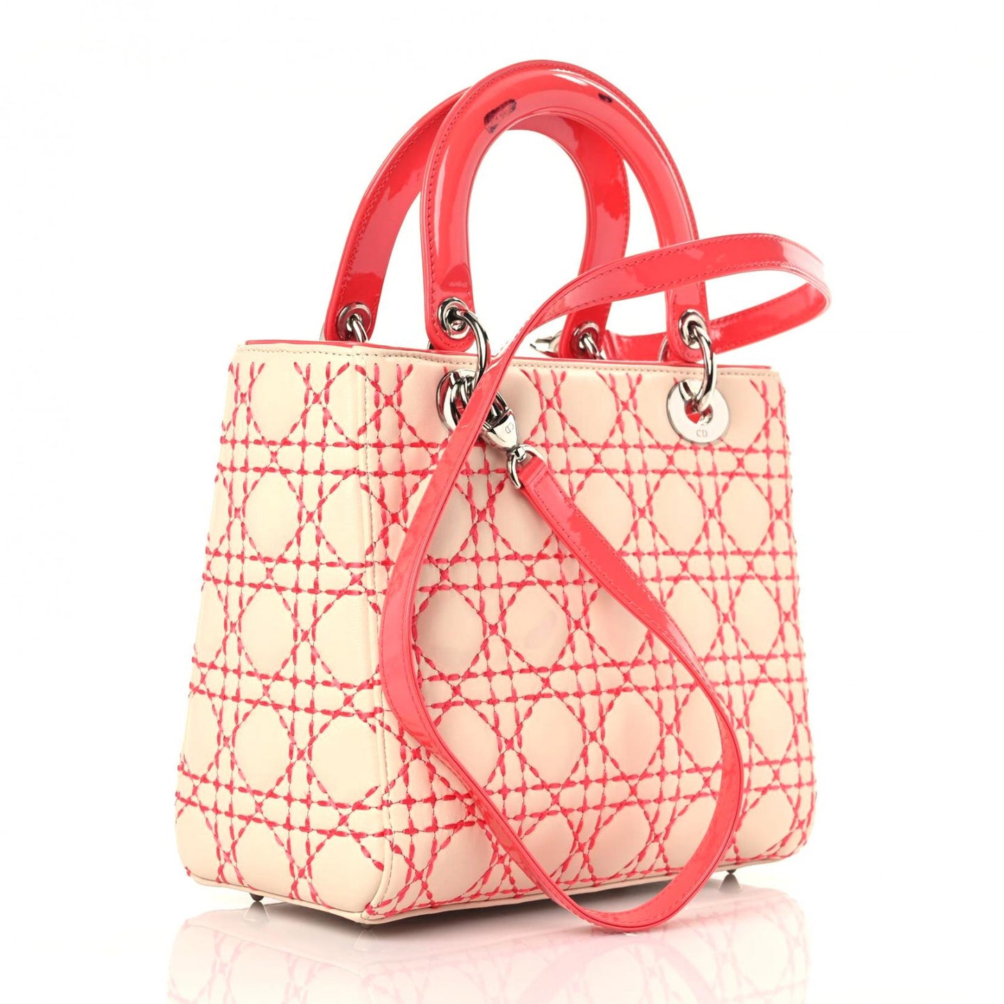 Lambskin Patent Stitched Cannage Medium Lady Dior Beige Coral