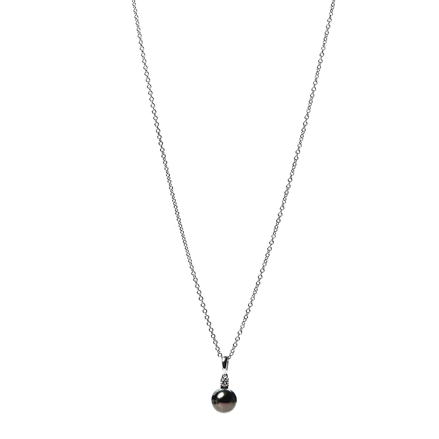 18K White Gold Diamond Black South Sea Pearl 9mm Pendant Necklace