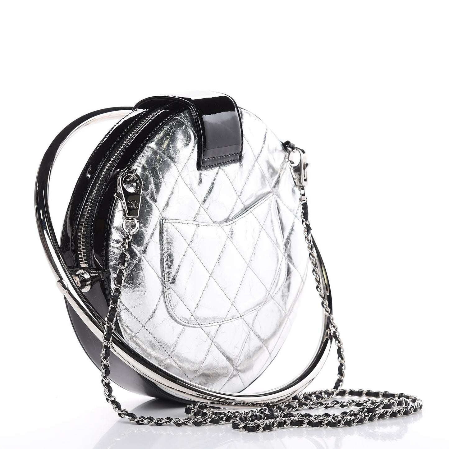 Metallic Aged Calfskin Patent Planet Minaudiere Shoulder Bag Silver