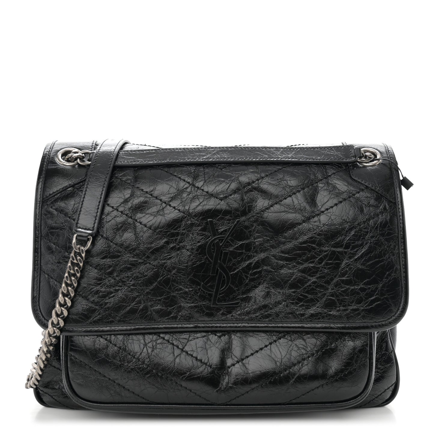 Crinkled Calfskin Matelasse Monogram Large Niki Chain Satchel Black