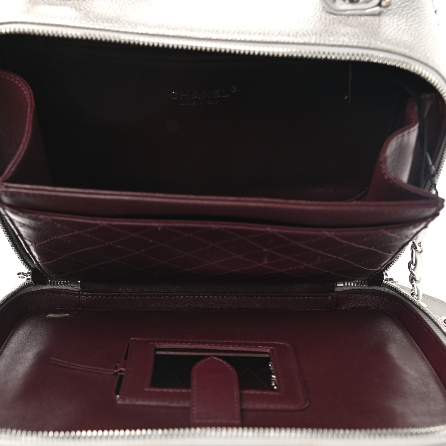 Metallic Caviar Quilted Large CC Filigree Vanity Case Silver