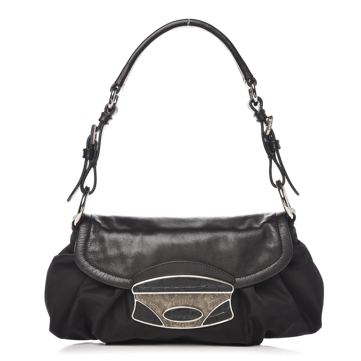 Tessuto Nylon Vitello Croc Antic Jeweled Shoulder Bag Black