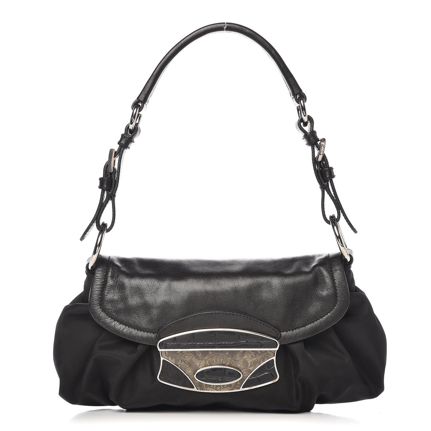 Prada Tessuto Nylon Vitello Croc Antic Jeweled Shoulder Bag Black 1 of 8