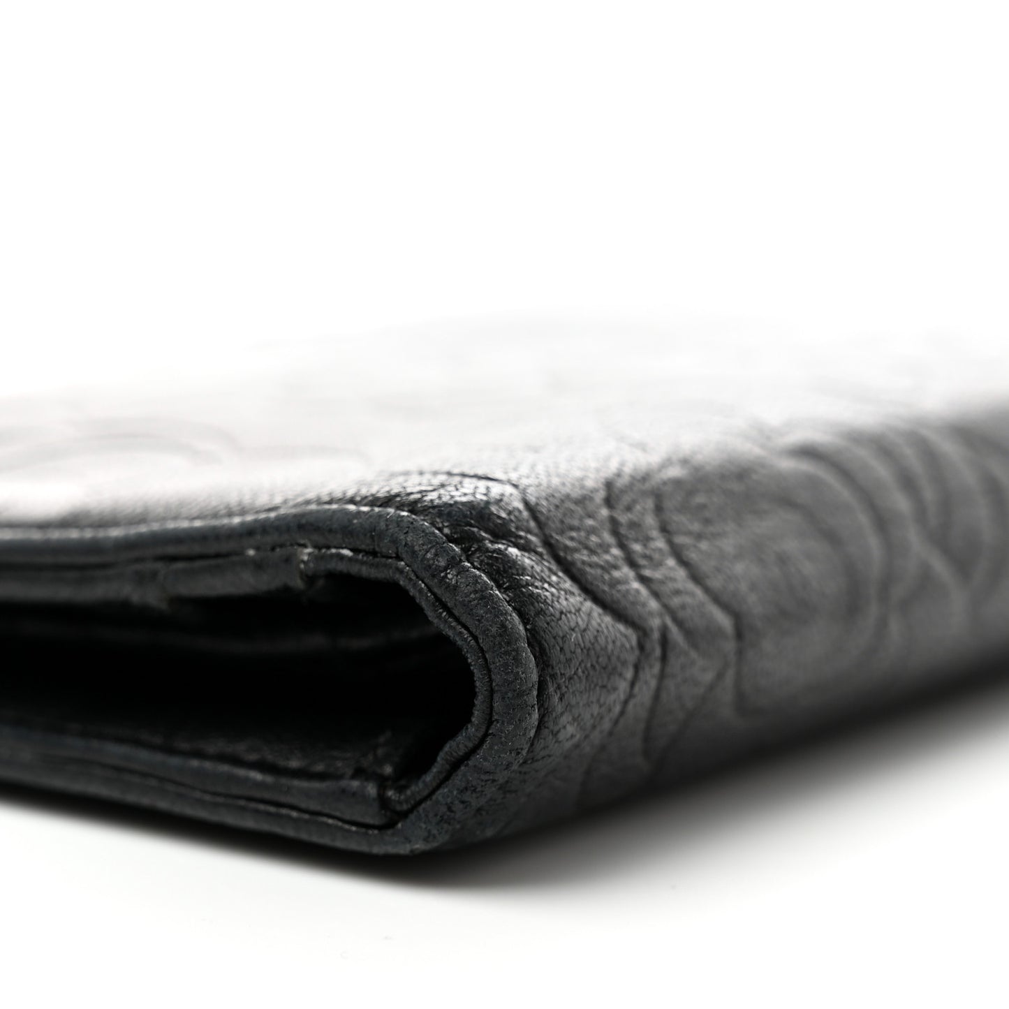 Lambskin Camellia Embossed Yen Wallet Black