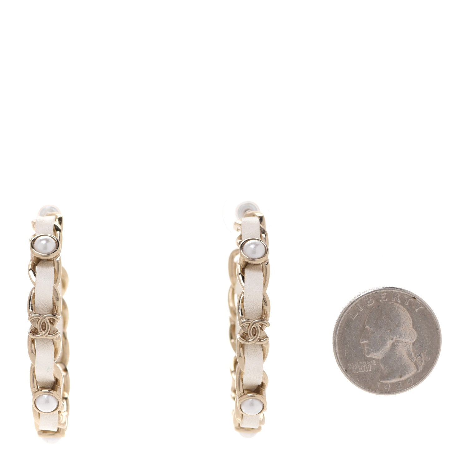 Chanel Lambskin Pearl More Is More CC Chain Hoop Earrings Matte Gold White 2 of 4